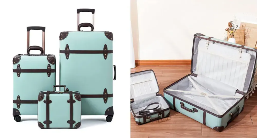 NZBZ Vintage Luggage set in mint green (left) and two open mint green suitcases from the set ready to be packed (right)